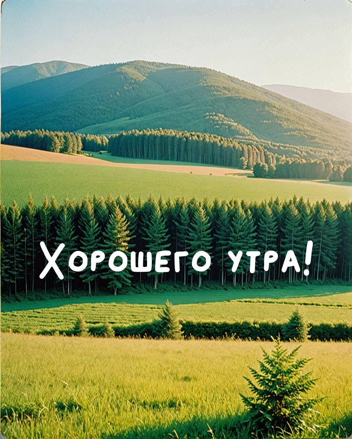 Зеленые поля, ряд хвойных деревьев, холмы на заднем плане