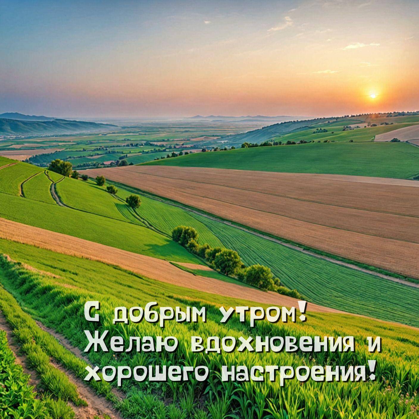 Зеленые поля с холмами под открытым небом