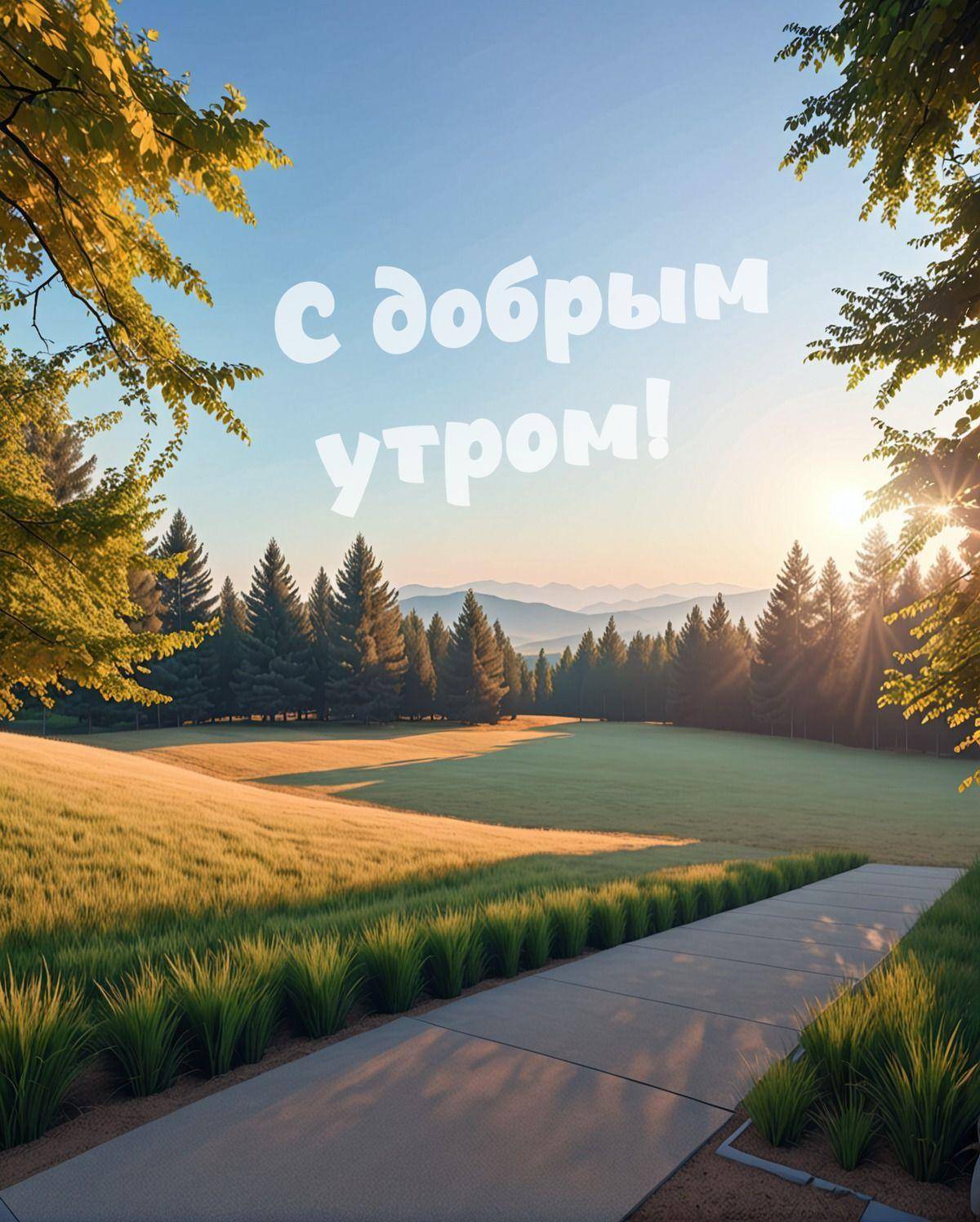 Зеленый луг, деревья, тропинка и солнце