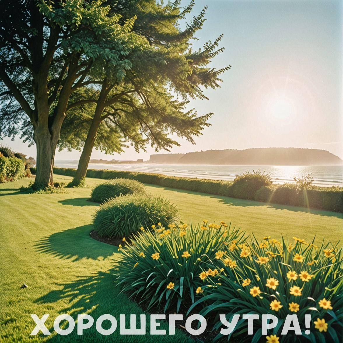 Зеленый луг, деревья, цветы и река