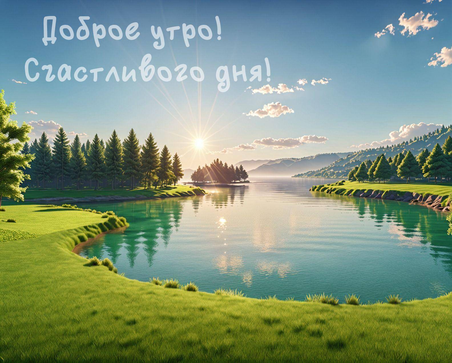 Зеленый луг у озера, солнце над горами, отражение в воде