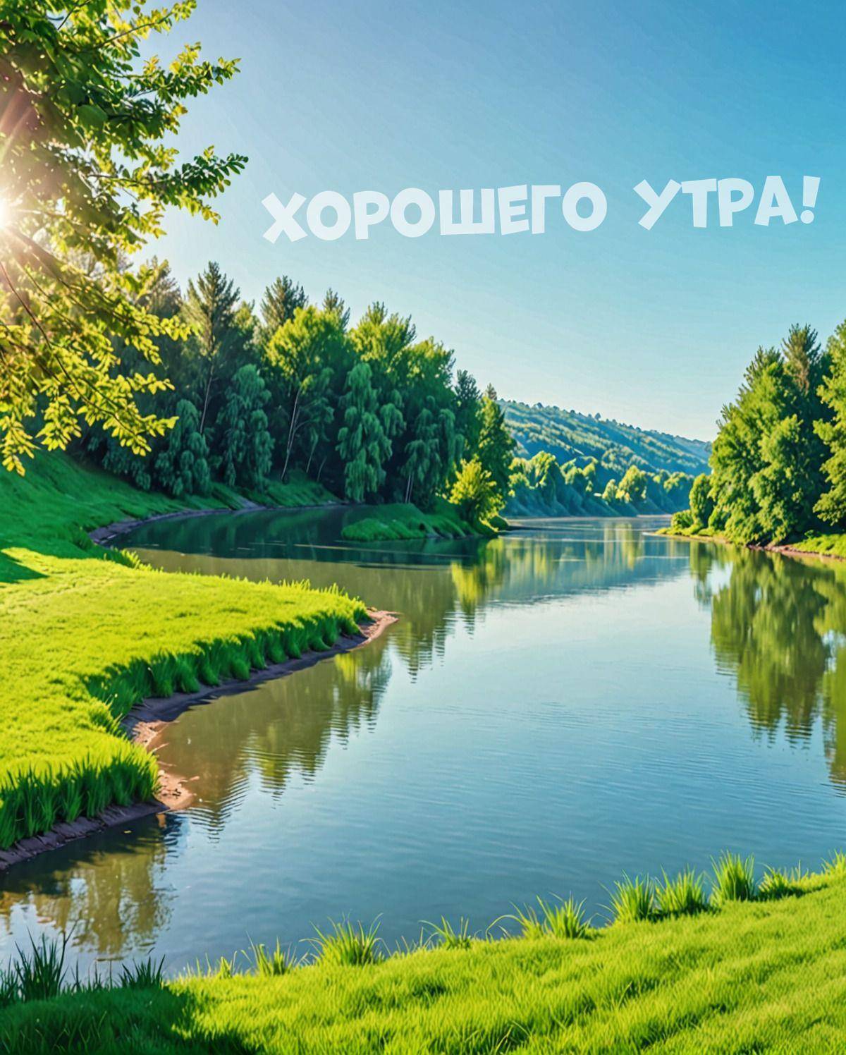 Зеленый луг у реки, деревья, солнечные лучи