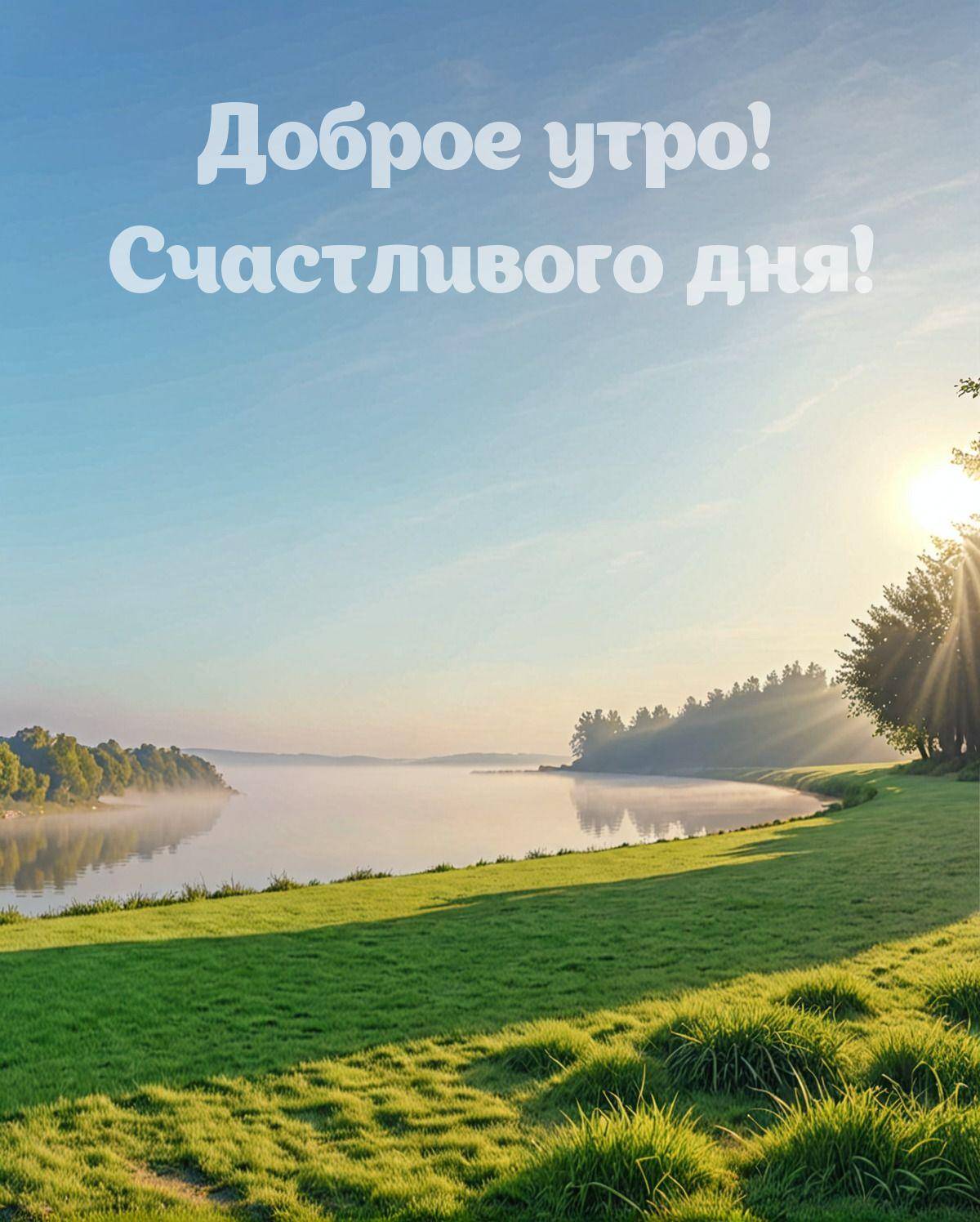 Зеленый луг у реки, туман, рассветные лучи солнца