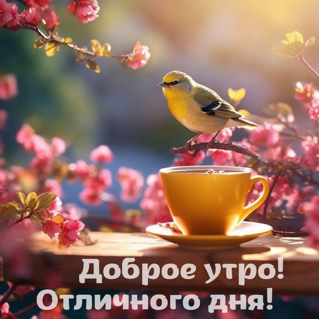 Желтая чашка кофе на столе, птица на ветке сакуры