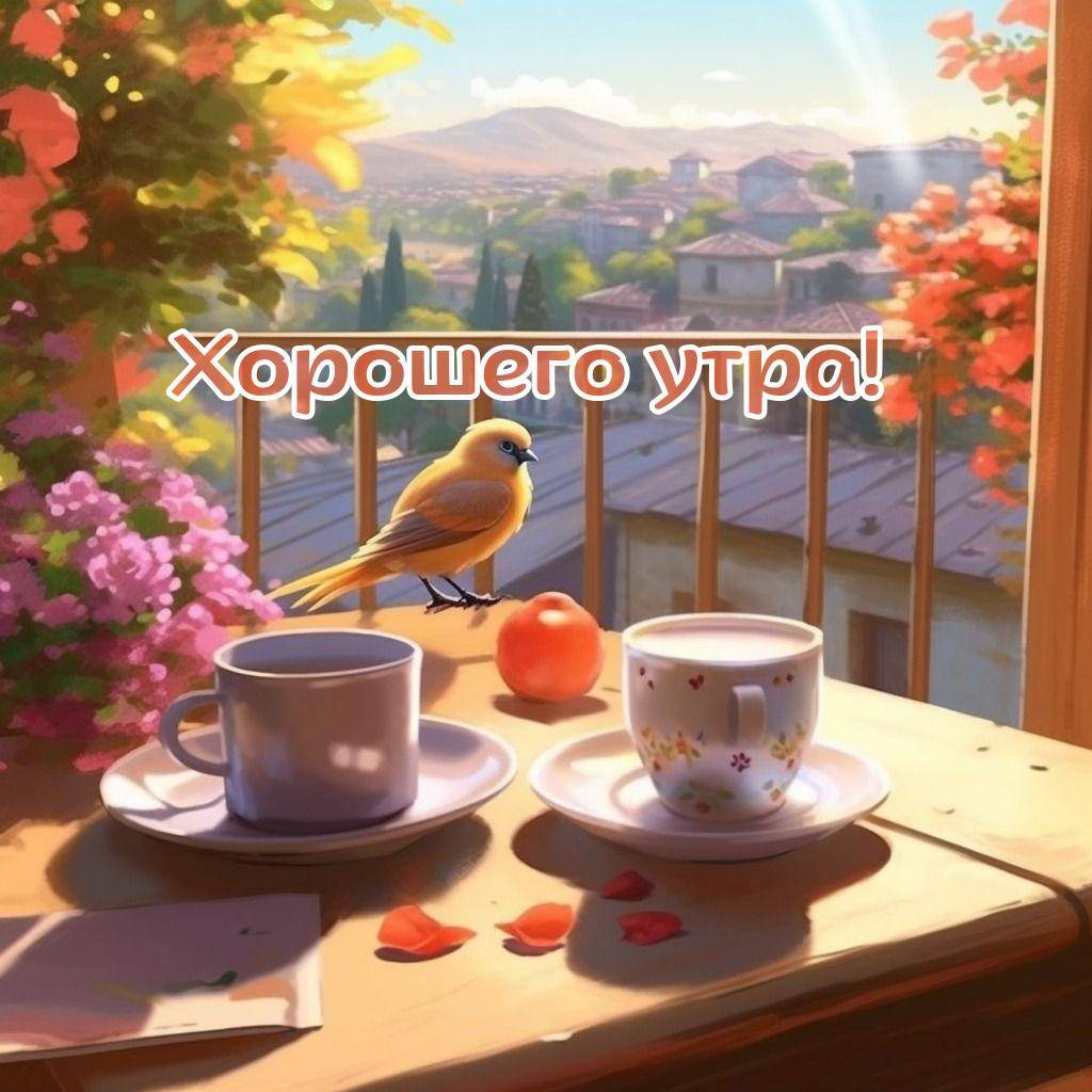 Желтая птица на балконе, чашки, яблоко, цветы