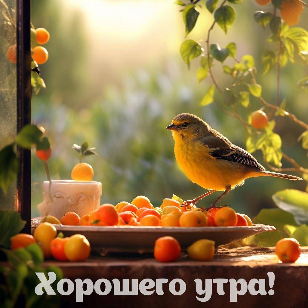 Желтая птица на столе с апельсинами у окна