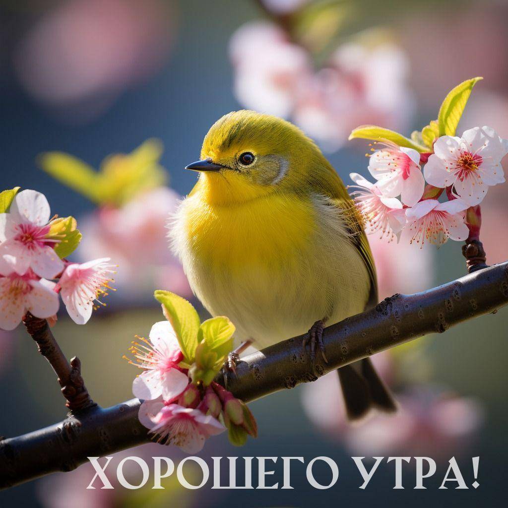 Желтая птица на ветке с розовыми цветами