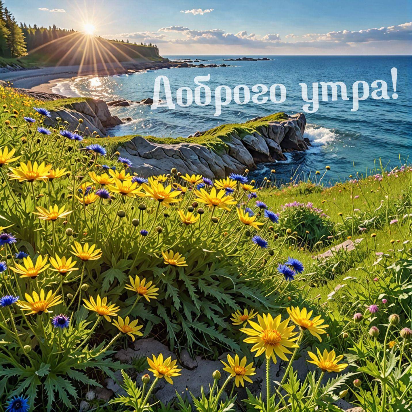 Желтые цветы на фоне моря и скал при свете солнца