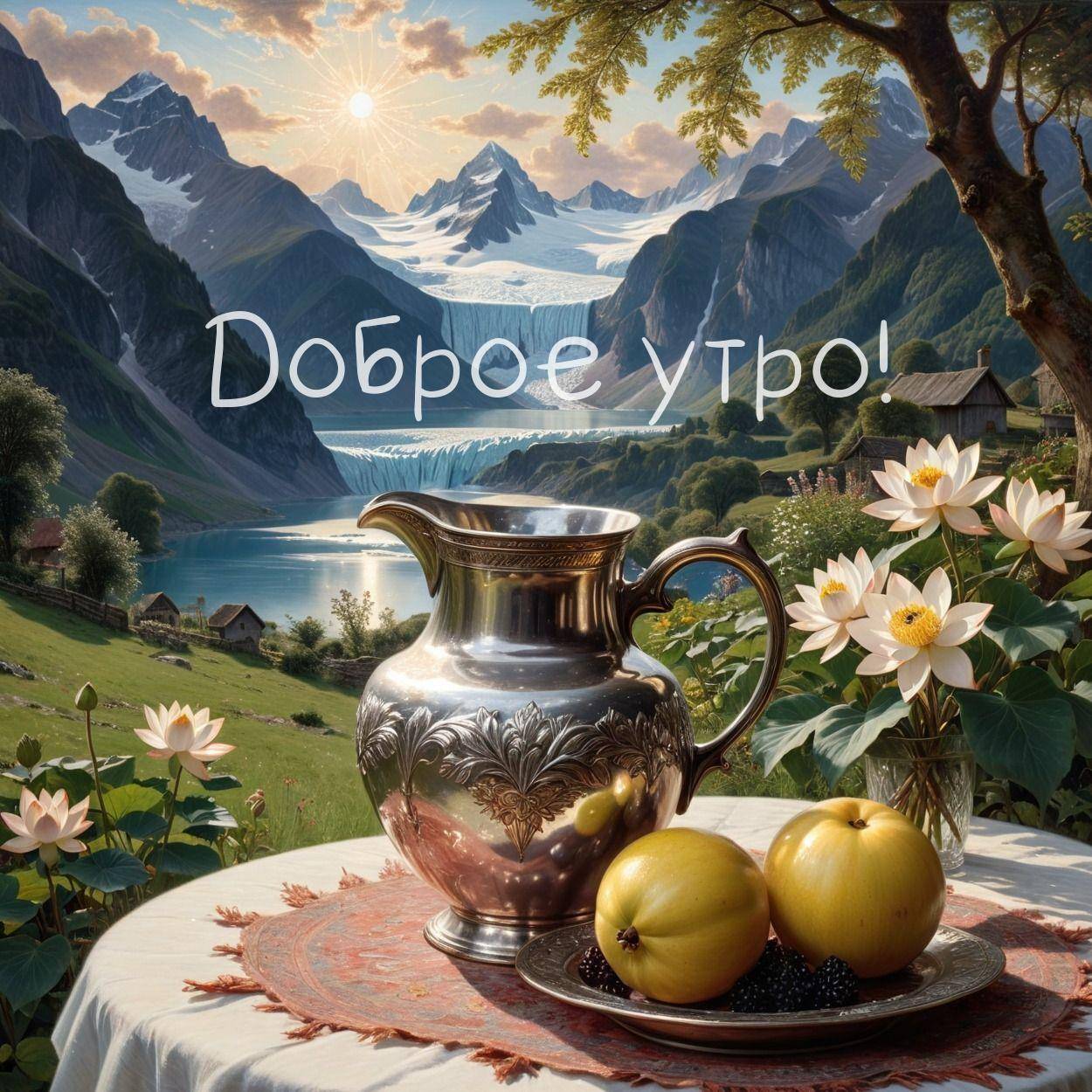Живописный пейзаж с кувшином и яблоками