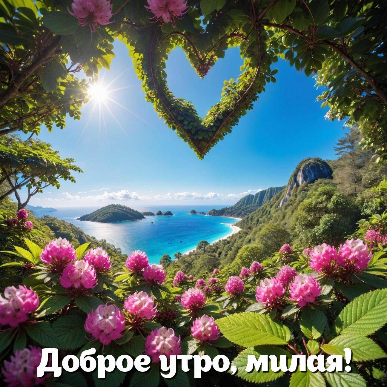 Живописный вид на бухту через зеленые листья и розовые цветы