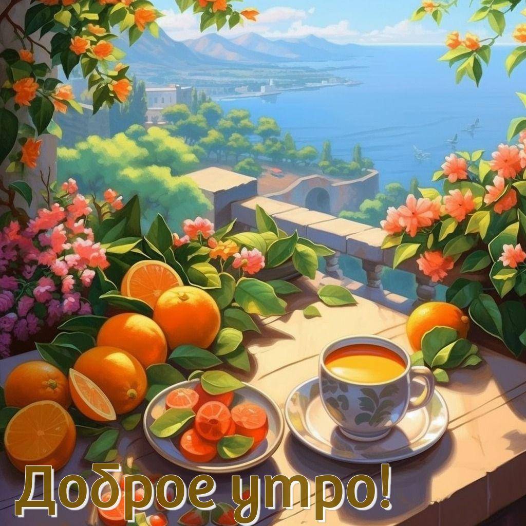 Живописный вид на море, чашка чая, свежие апельсины