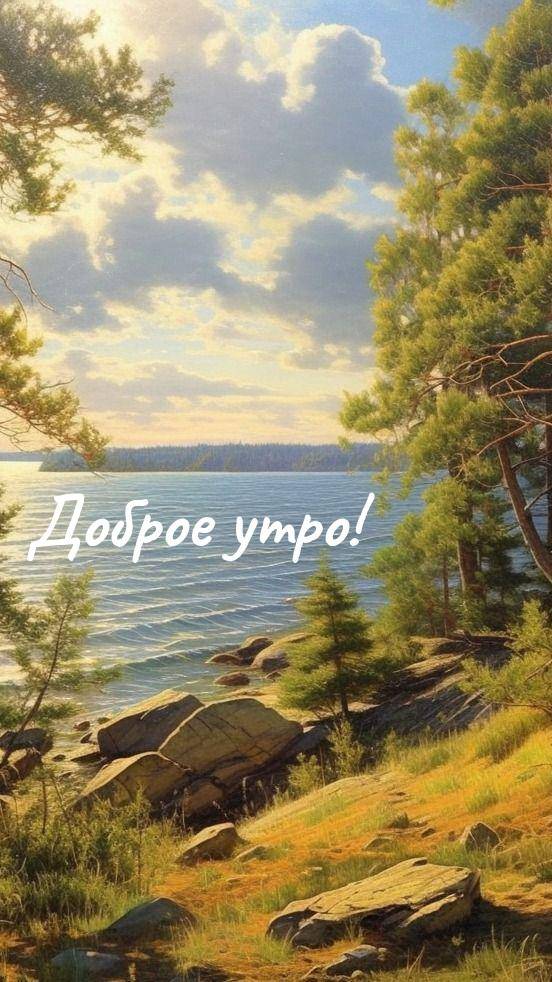 Живописный вид озера, сосны, камни на берегу