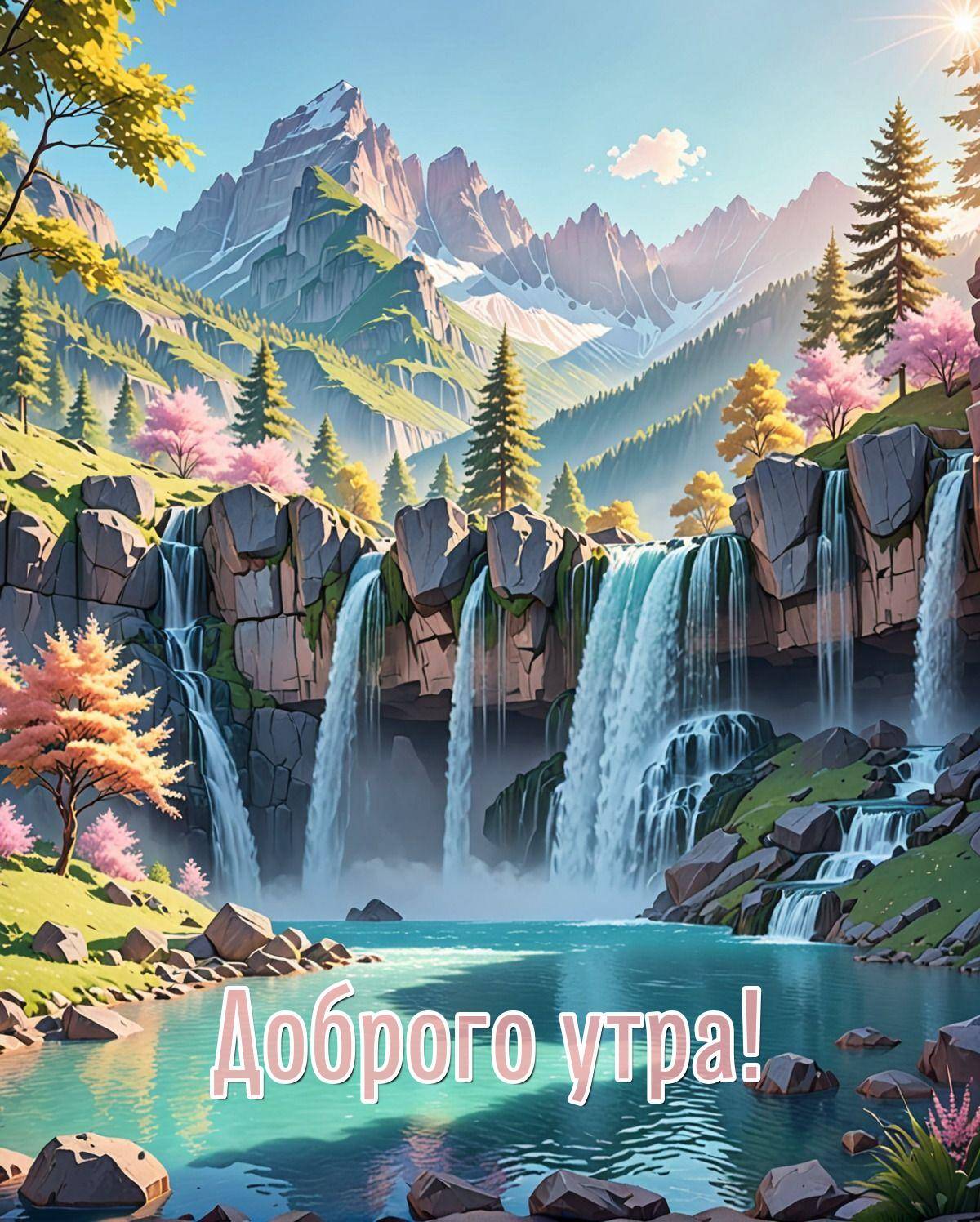 Живописный водопад, горы, озеро, деревья с цветами