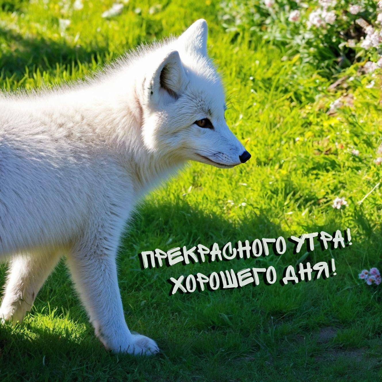 Белая лиса на зеленой траве с цветами