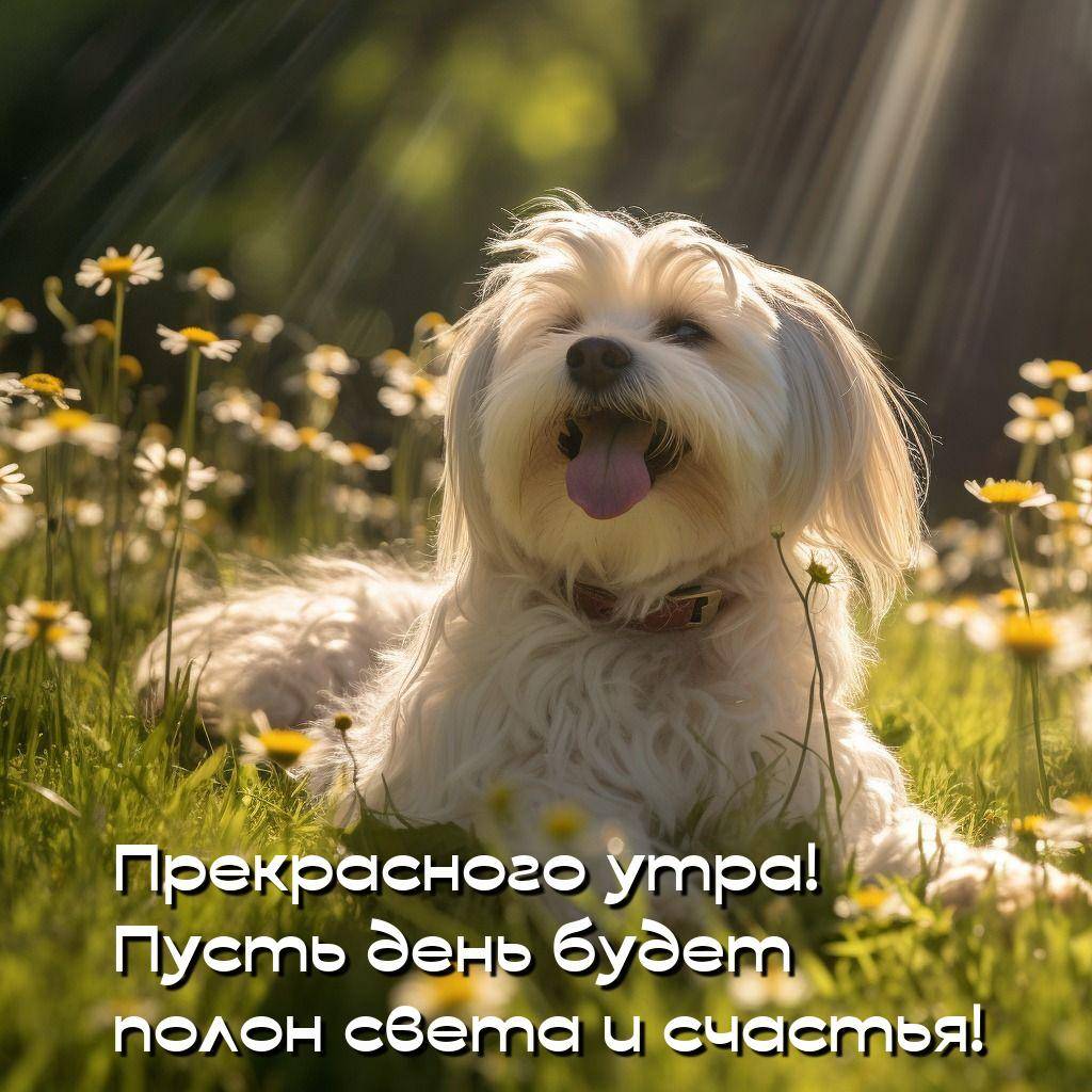 Белая собака на фоне цветов и лучей солнца