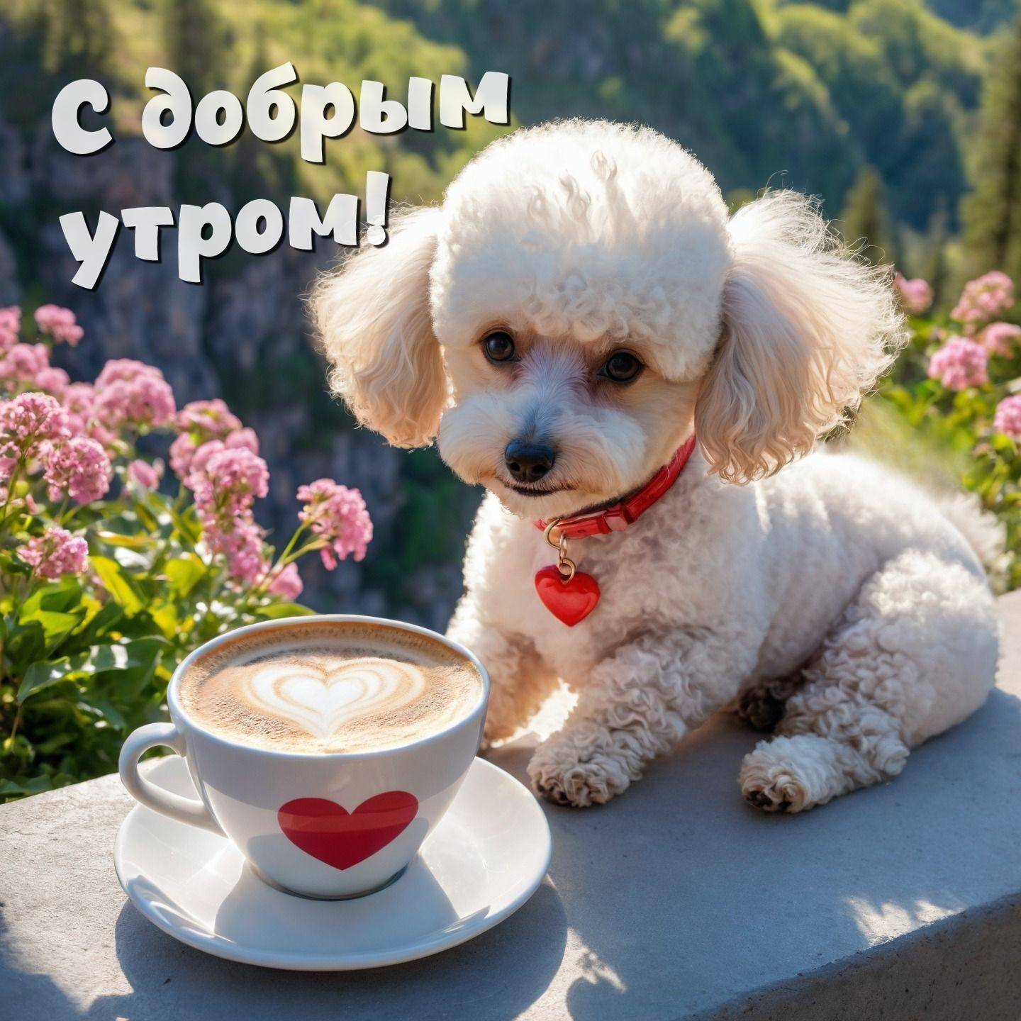 Белая собака рядом с кофе на природе