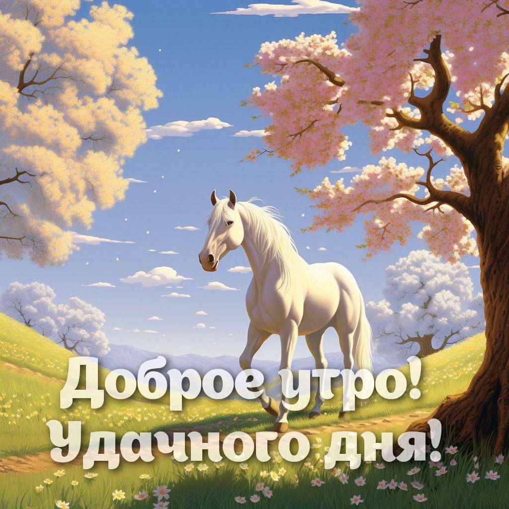 Белый конь на фоне цветущих деревьев и гор
