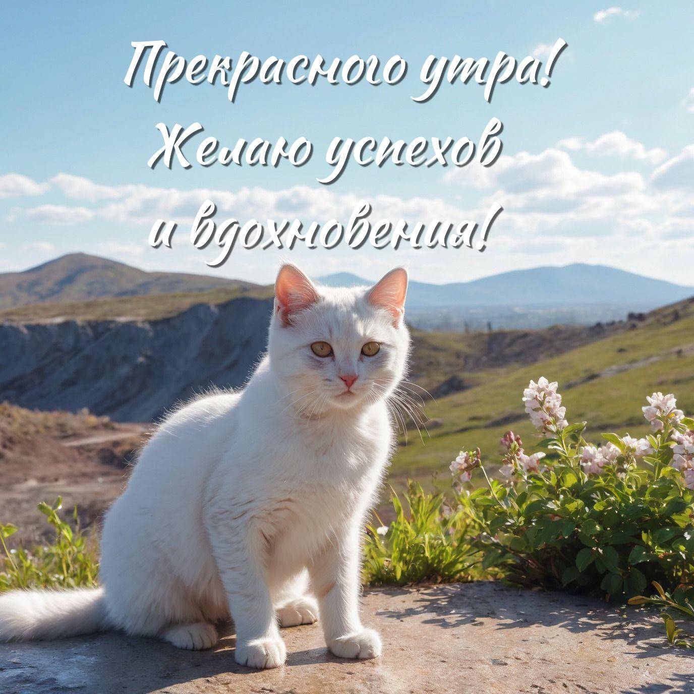 Белый кот сидит на камне рядом с цветами
