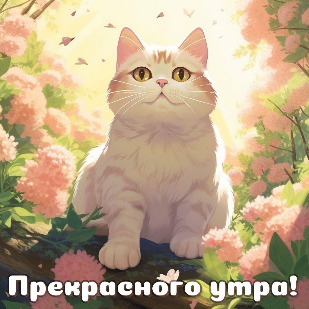 Белый кот смотрит вверх среди розовых цветов
