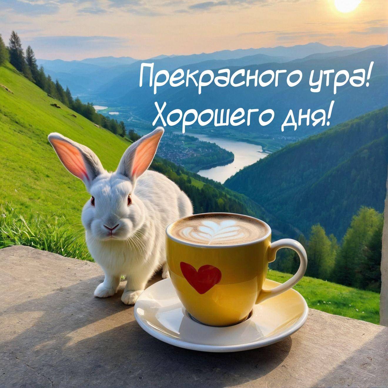 Белый кролик рядом с чашкой кофе на фоне гор и реки