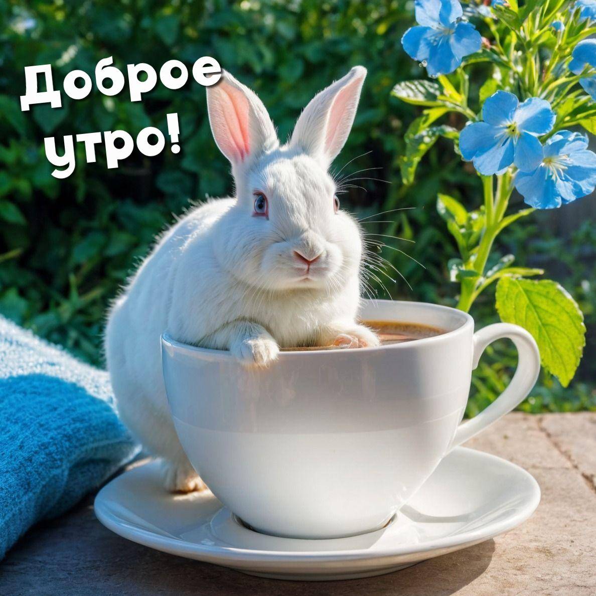 Белый кролик сидит в чашке на природе