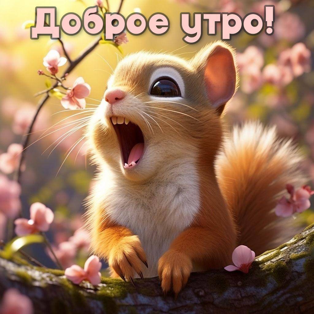 Белка на ветке с цветущими вишнями