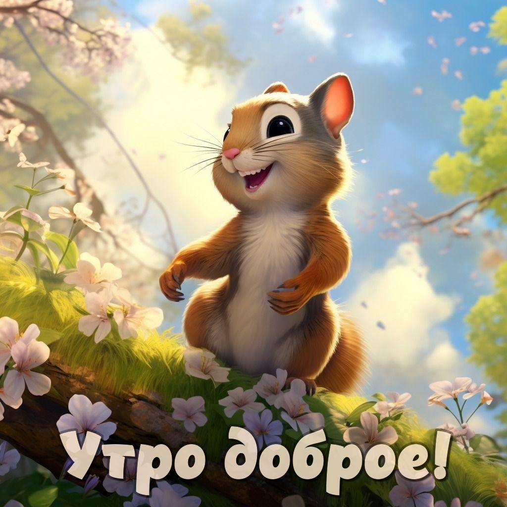 Белка на ветке среди цветущих веток