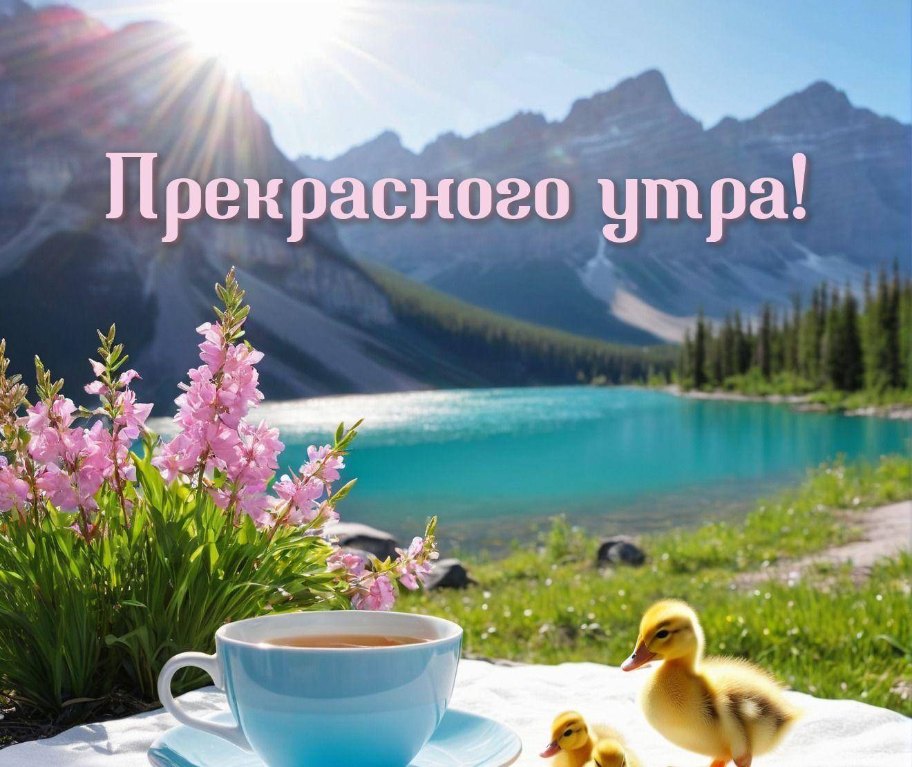 Чашка чая на фоне горного озера и цветов
