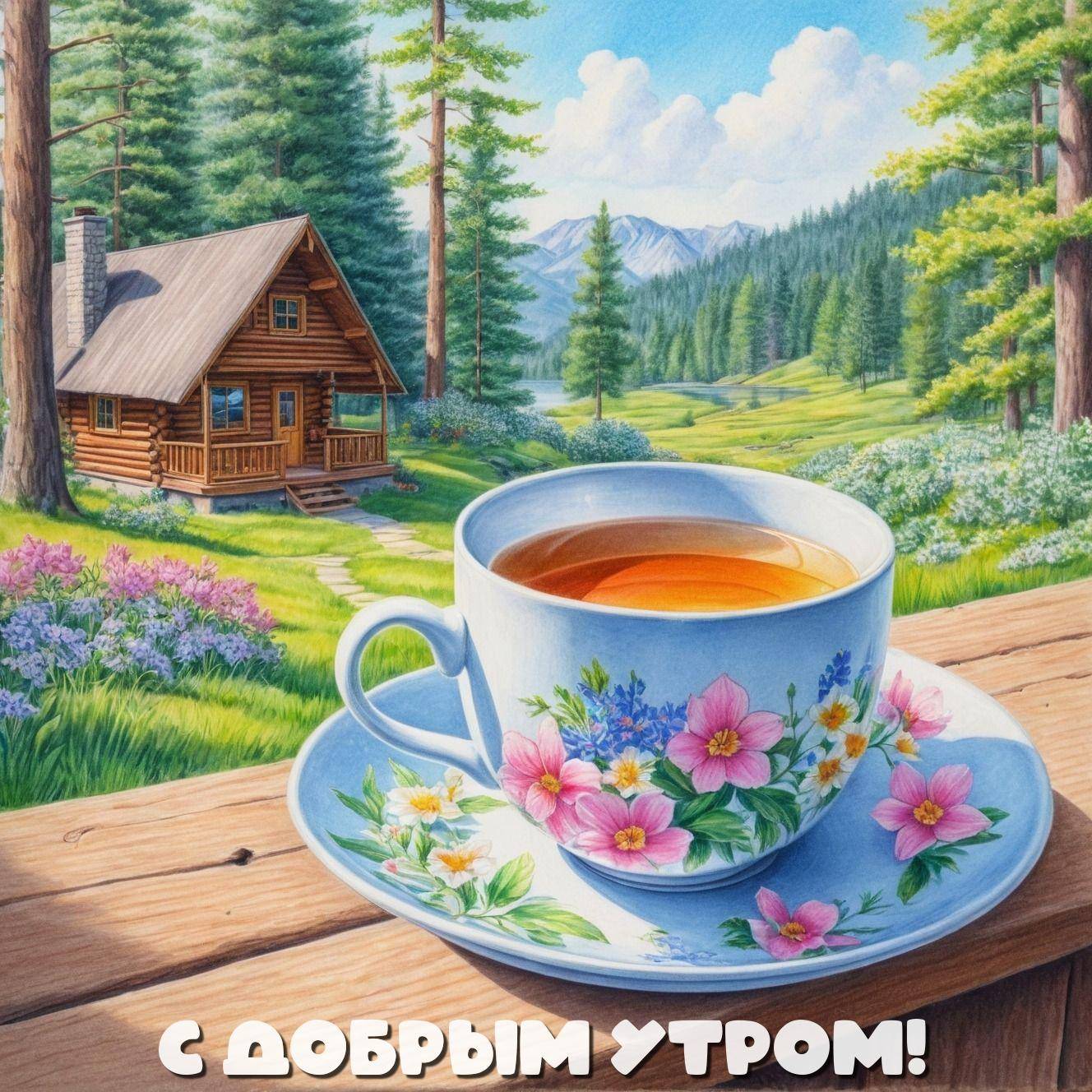 Чашка чая на столе с цветами, роса на столе