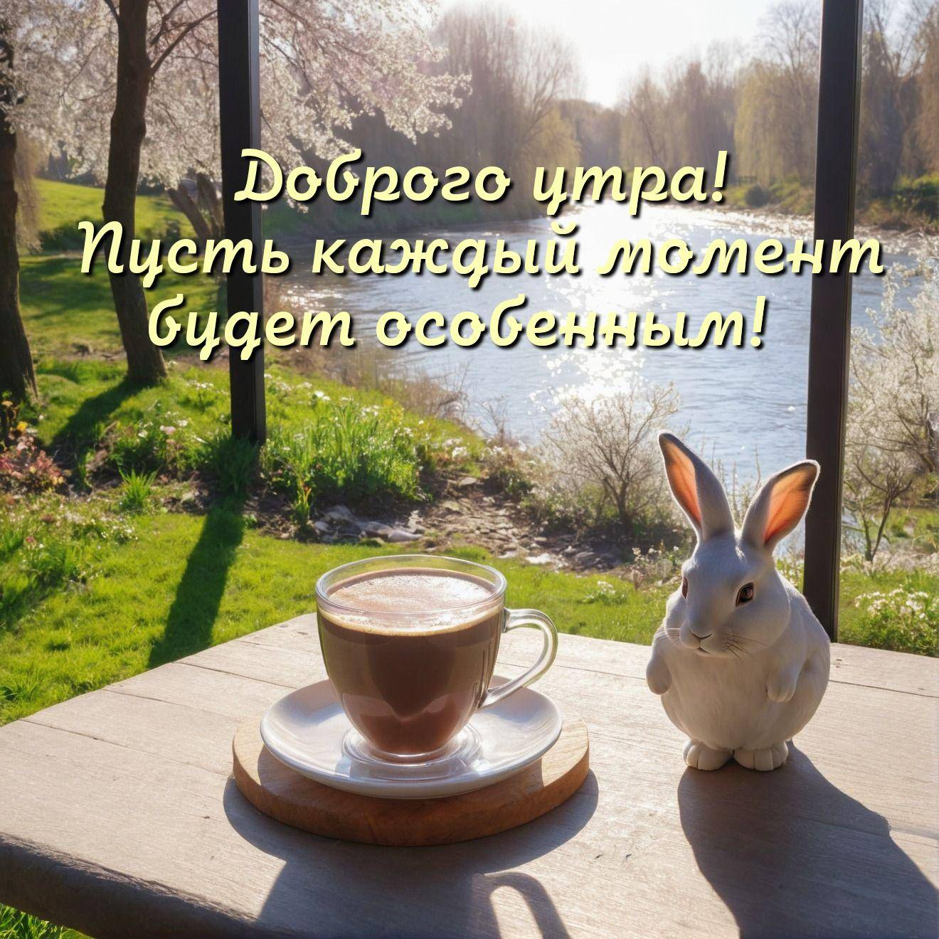 Чашка кофе и фигурка кролика на столе у реки