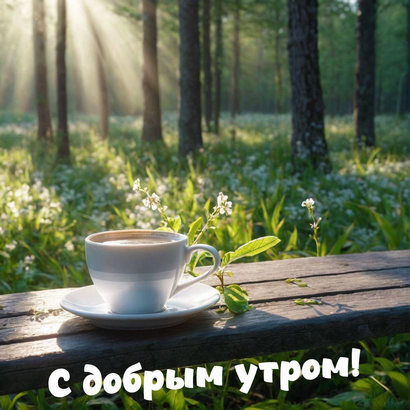 Чашка кофе на скамейке на рассвете, белые цветы рядом