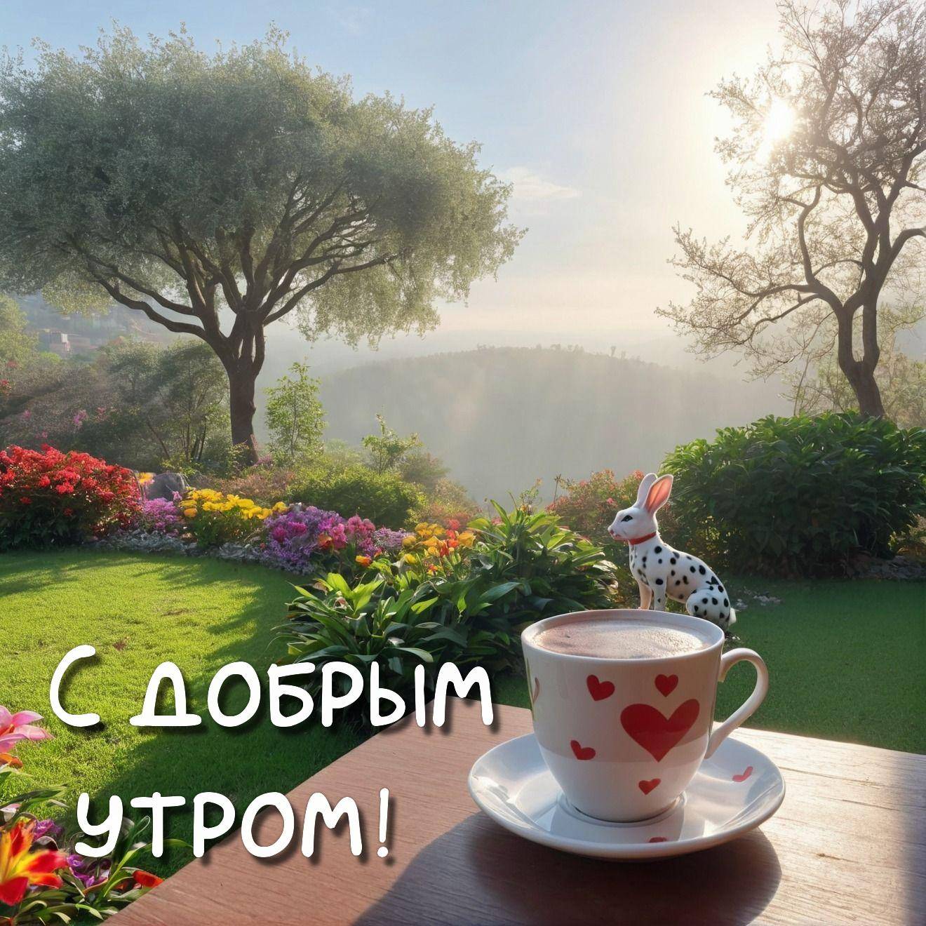 Чашка кофе на столе, игрушечный заяц, сад, деревья