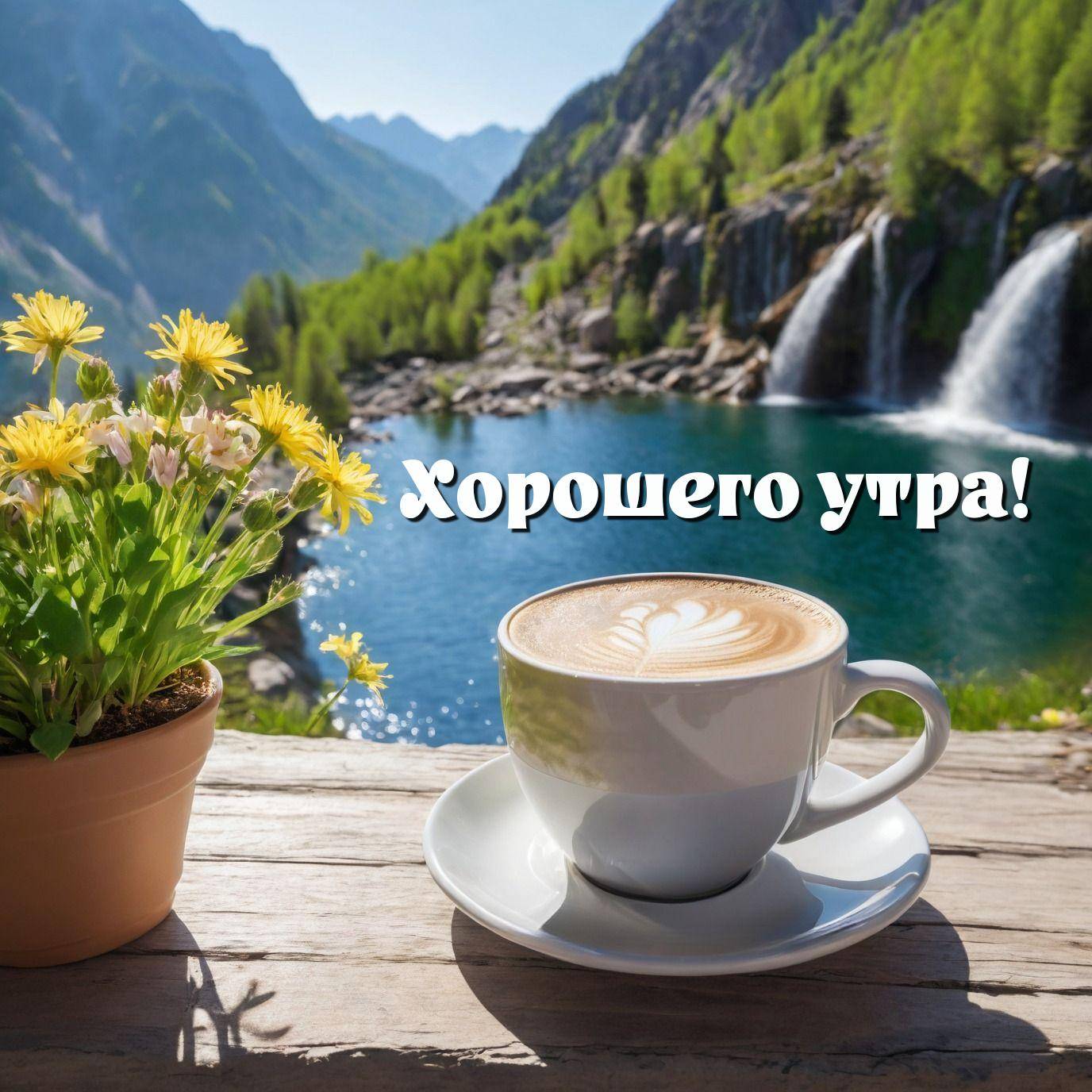 Чашка кофе на столе у горного озера