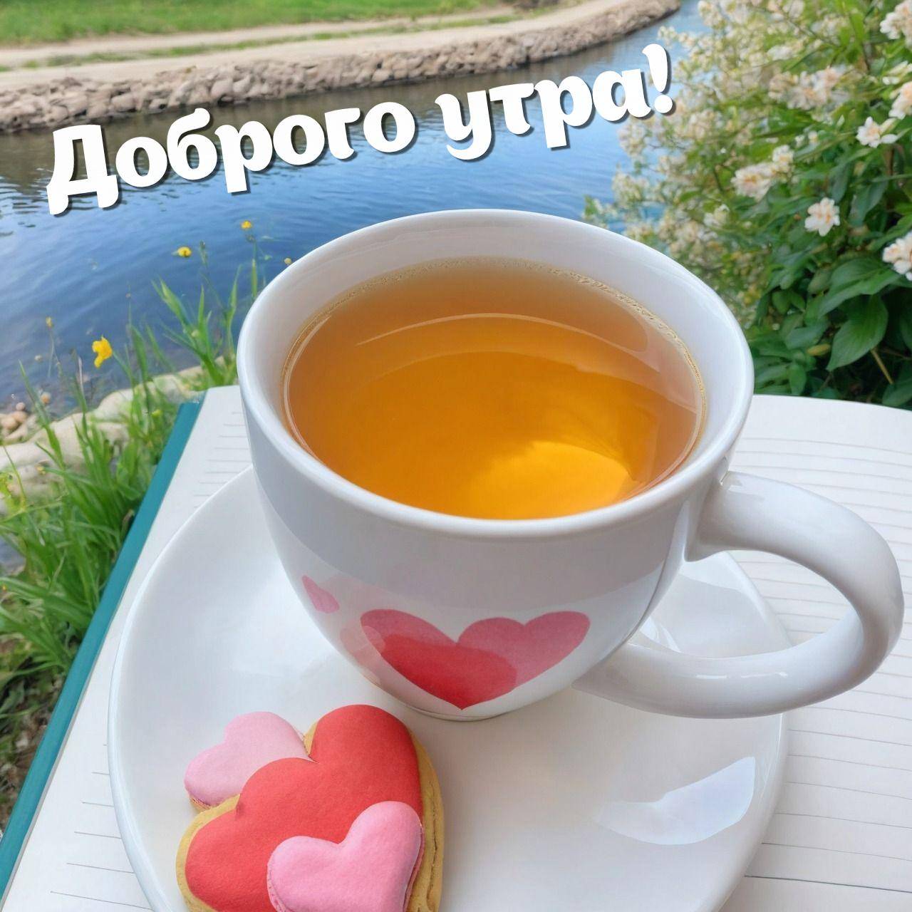 Чашка с чаем и печеньем на блокноте