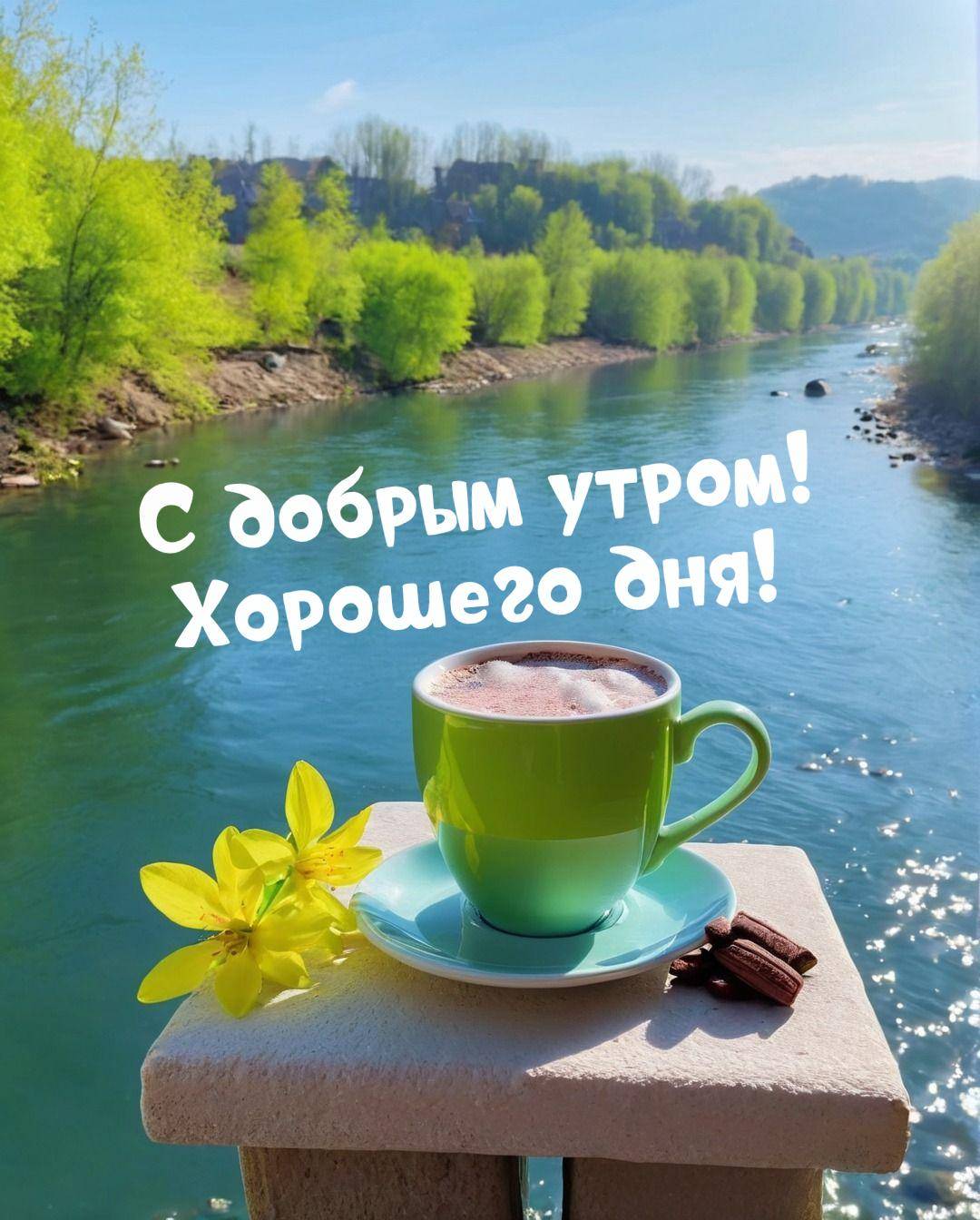 Чашка с напитком и цветком на фоне реки