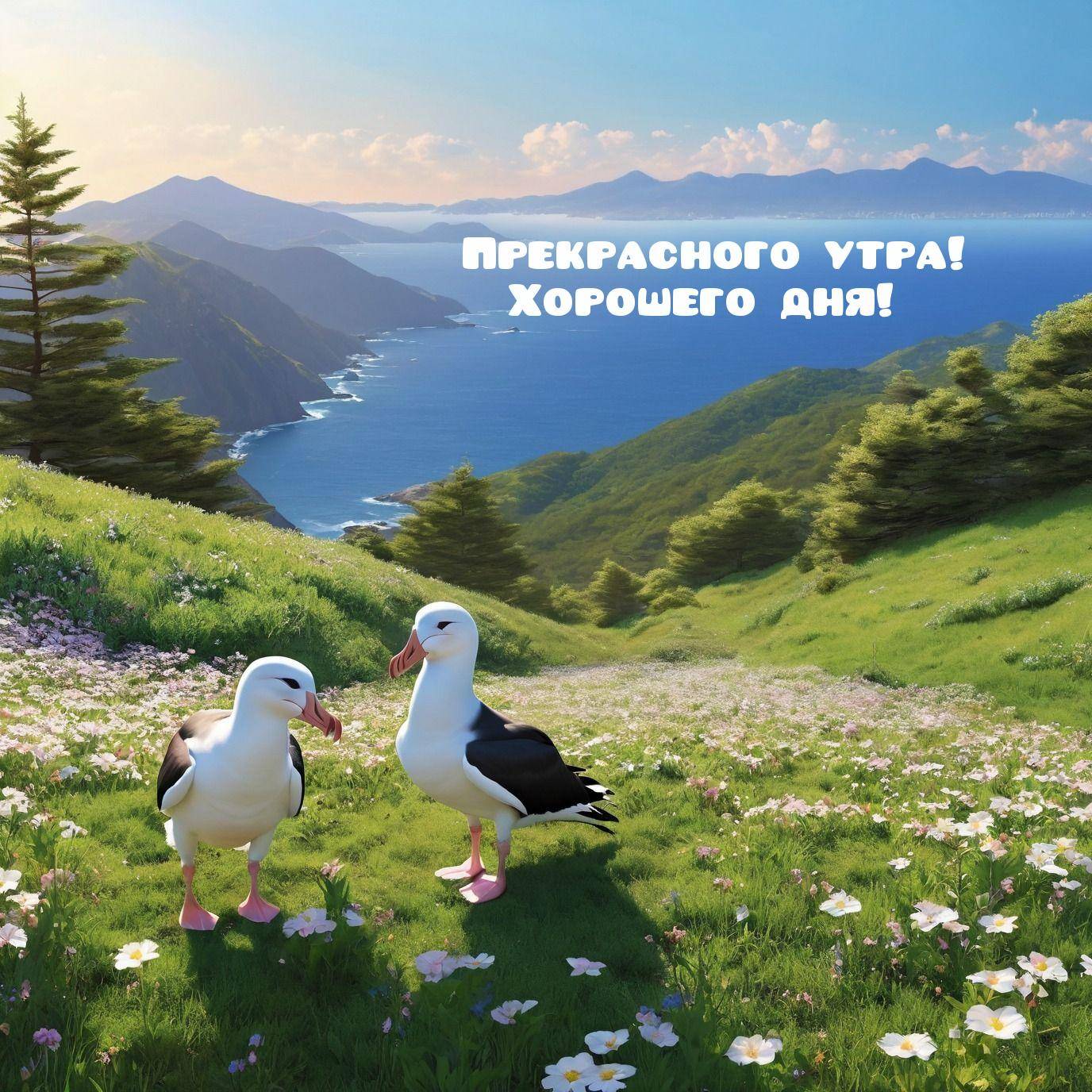 Два альбатроса на фоне морского пейзажа