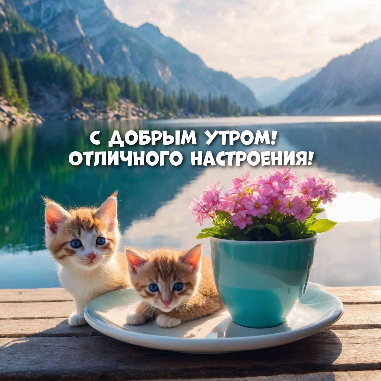 Два котенка на фоне горного озера и цветов в чашке