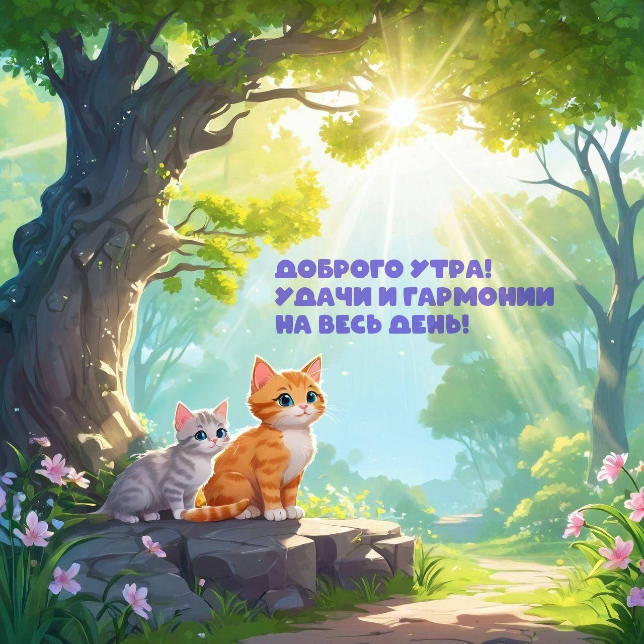 Два котенка на камне в лесу, солнечные лучи, цветы