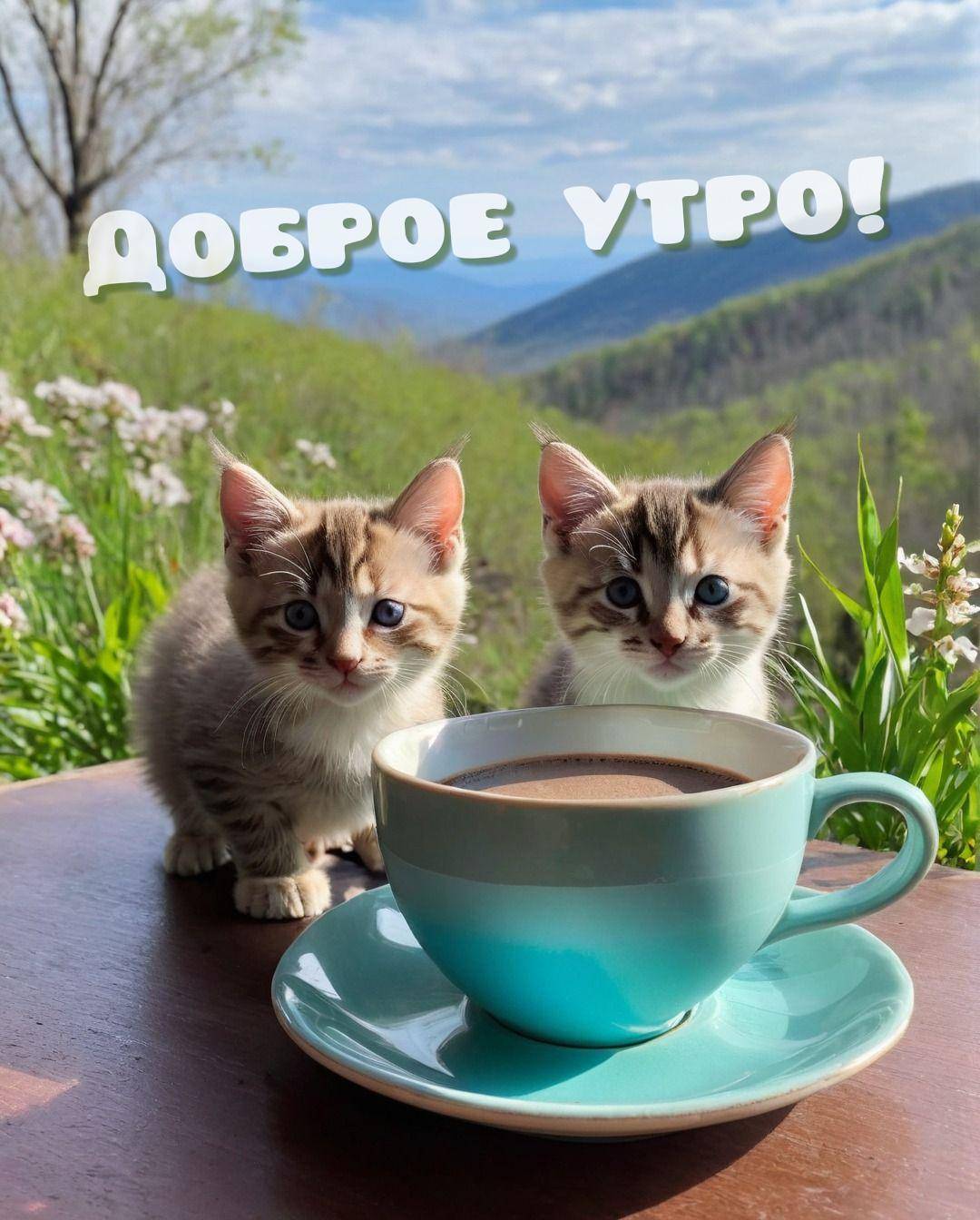 Два котенка рядом с чашкой кофе на фоне гор