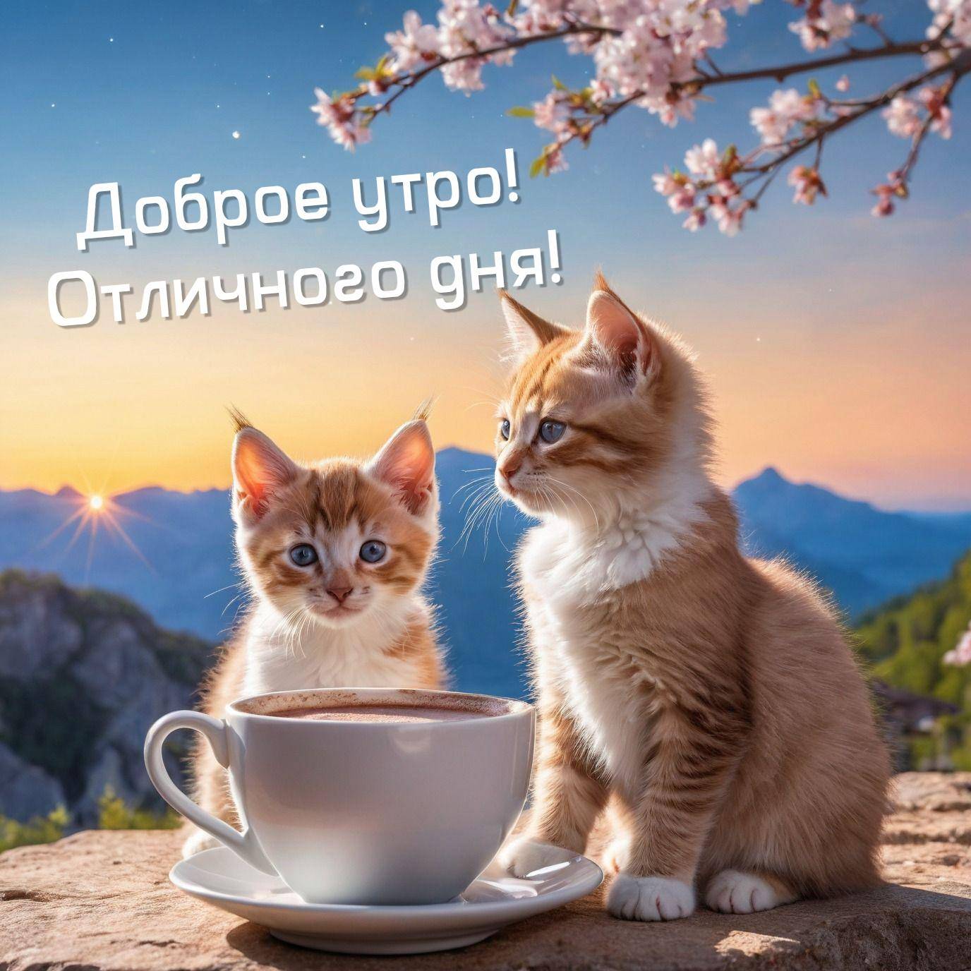 Два котенка рядом с чашкой кофе на фоне рассвета