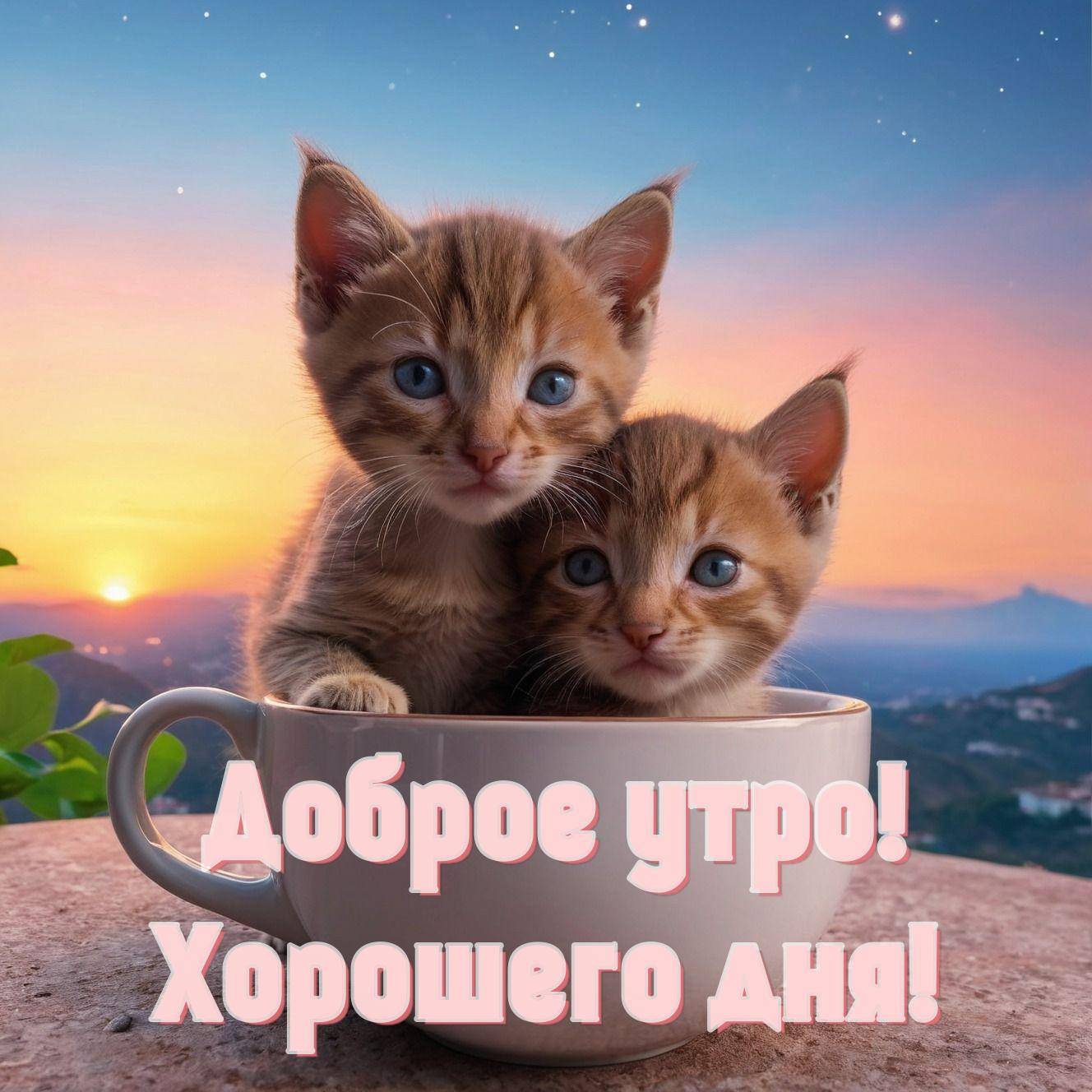 Два котенка в чашке на фоне рассвета