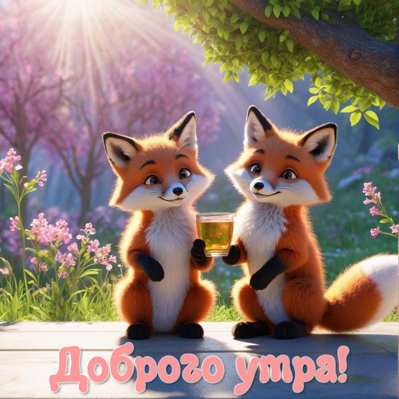 Два лисенка делят стакан меда на фоне цветущего сада