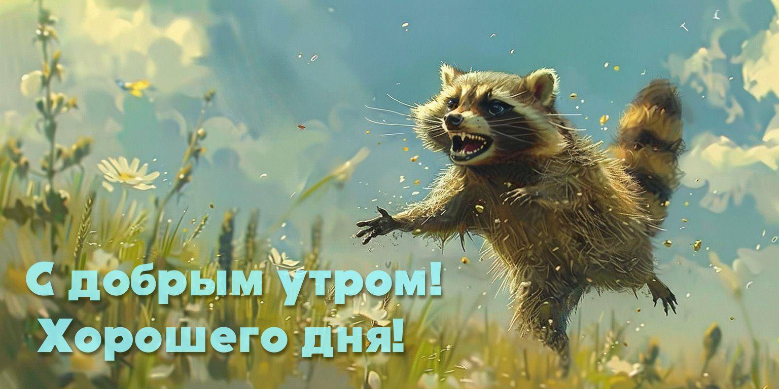 Енот бежит по лугу среди цветов и бабочек