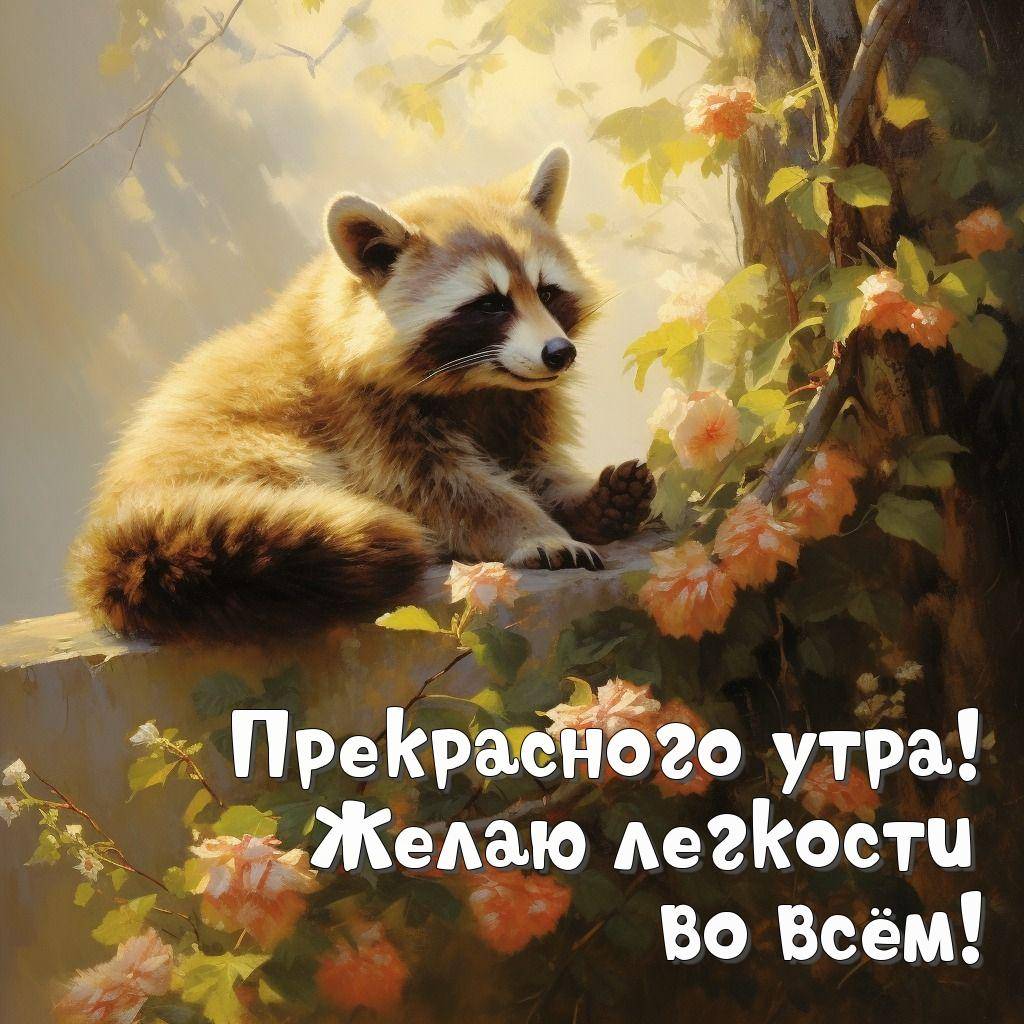 Енот сидит на ветке среди цветов