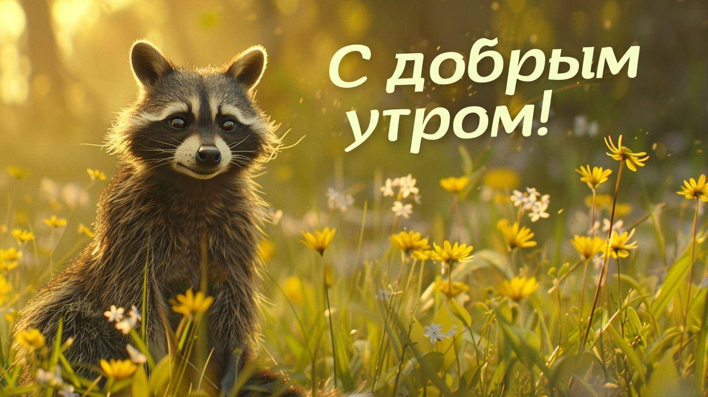 Енот среди жёлтых цветов на фоне рассвета