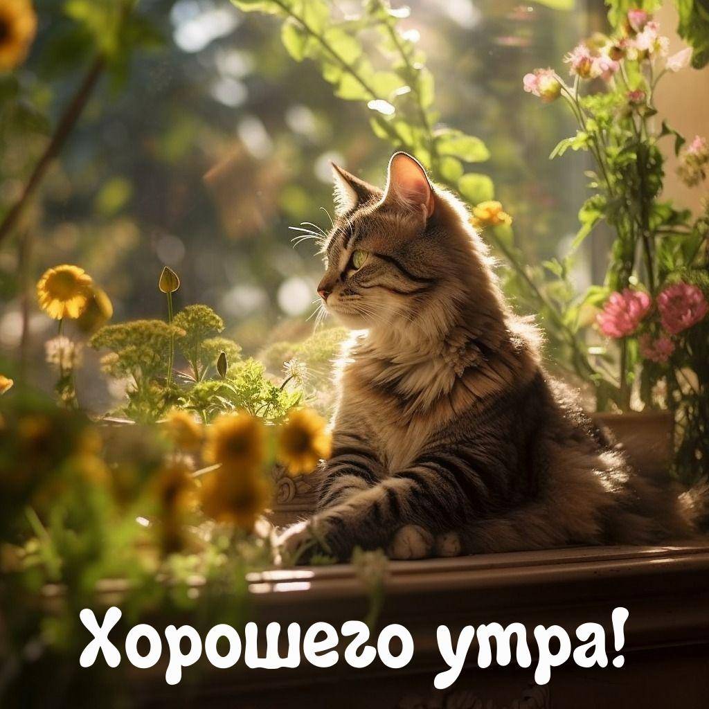 Кошка на подоконнике среди цветов