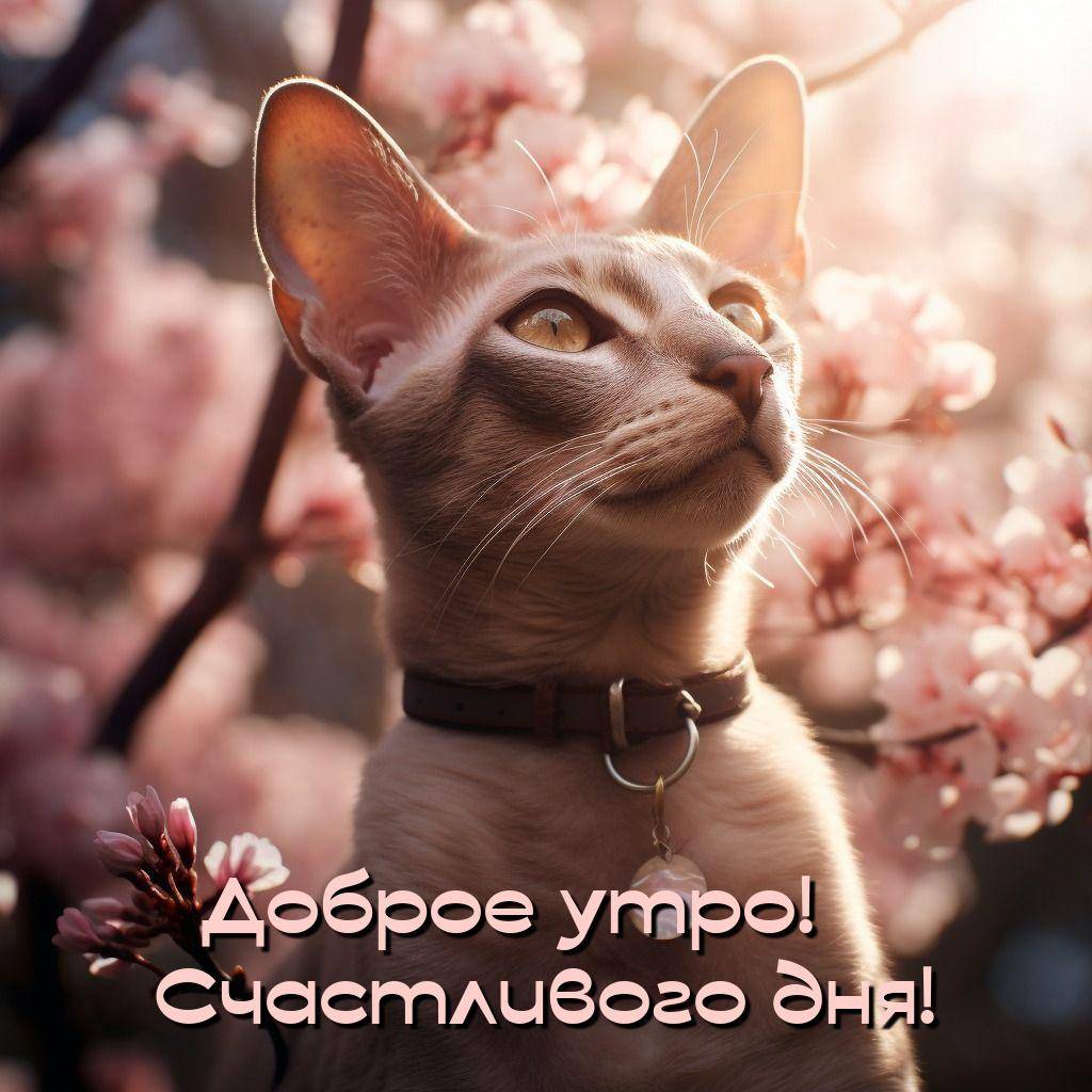 Кошка смотрит вверх на фоне цветущих веток