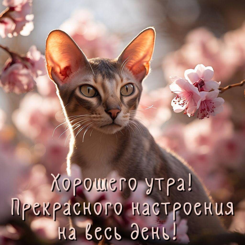 Кошка среди цветущих веток
