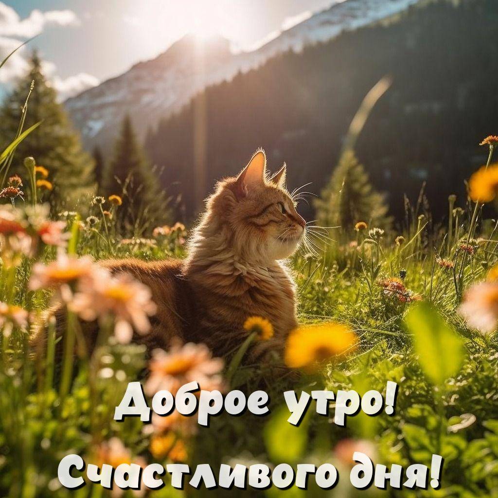 Кот на фоне гор и цветов
