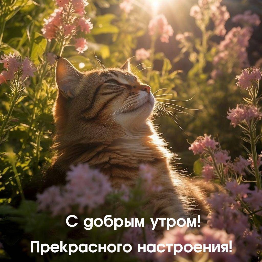 Кот наслаждается теплом солнечных лучей среди цветов